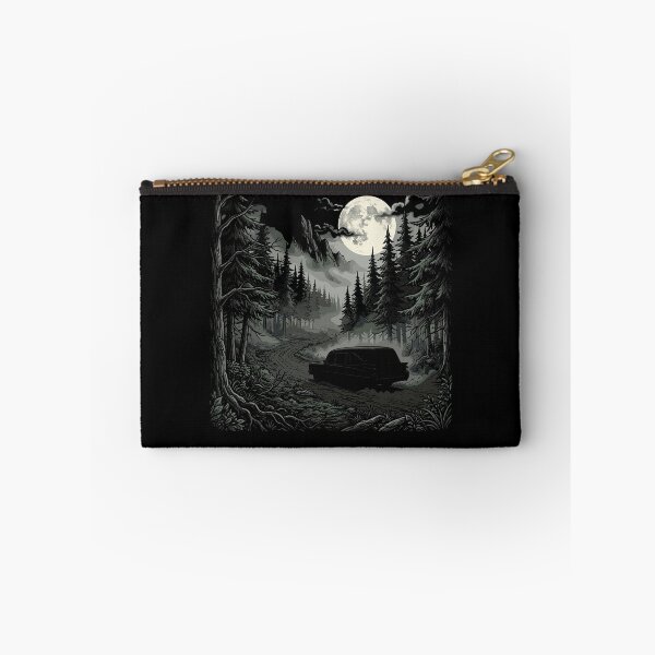 Item preview, Spooky vintage hearse driving along a winding road through a dark pine forest designed and sold by Designart68.