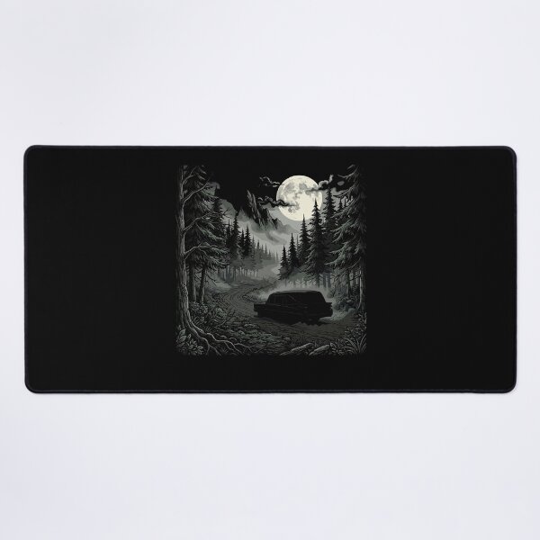 Item preview, Spooky vintage hearse driving along a winding road through a dark pine forest designed and sold by Designart68.