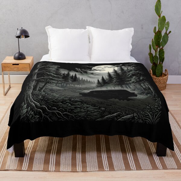 Item preview, Spooky vintage hearse driving along a winding road through a dark pine forest designed and sold by Designart68.