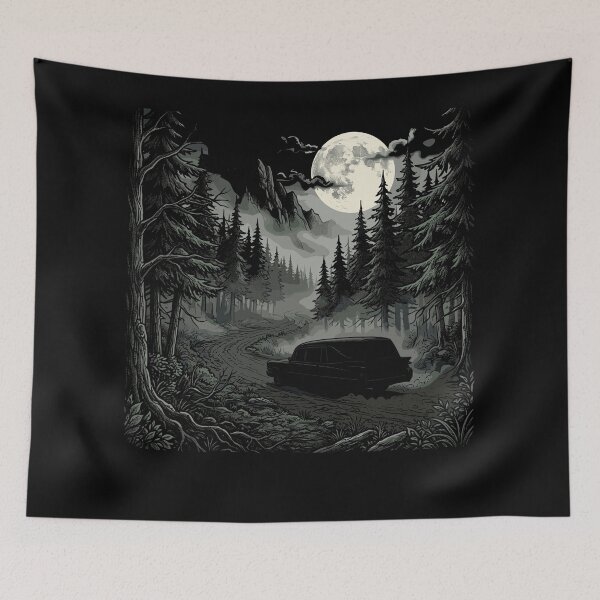 Item preview, Spooky vintage hearse driving along a winding road through a dark pine forest designed and sold by Designart68.