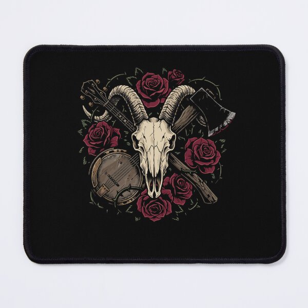 Item preview, Dark Americana gothic folk illustration featuring a horned goat skull, crossed banjo and axe, surrounded by thorny red roses. designed and sold by Designart68.