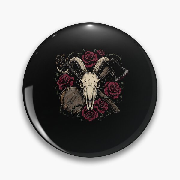 Item preview, Dark Americana gothic folk illustration featuring a horned goat skull, crossed banjo and axe, surrounded by thorny red roses. designed and sold by Designart68.