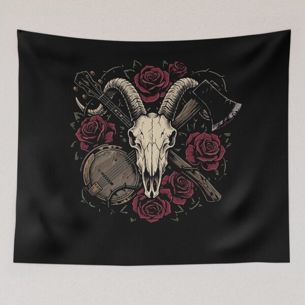 Item preview, Dark Americana gothic folk illustration featuring a horned goat skull, crossed banjo and axe, surrounded by thorny red roses. designed and sold by Designart68.