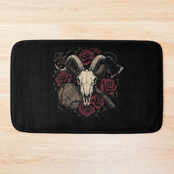Item preview, Dark Americana gothic folk illustration featuring a horned goat skull, crossed banjo and axe, surrounded by thorny red roses. designed and sold by Designart68.