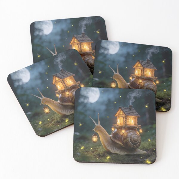 Item preview, Cozy Cabin Snail Carrying Lantern in Night Forest designed and sold by OksArtStudio.