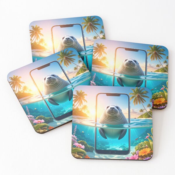 Item preview, Cute Sea Lion Emerging from Smartphone Screen Tropical Beach designed and sold by OksArtStudio.
