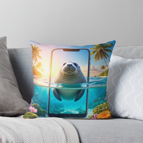 Item preview, Cute Sea Lion Emerging from Smartphone Screen Tropical Beach designed and sold by OksArtStudio.