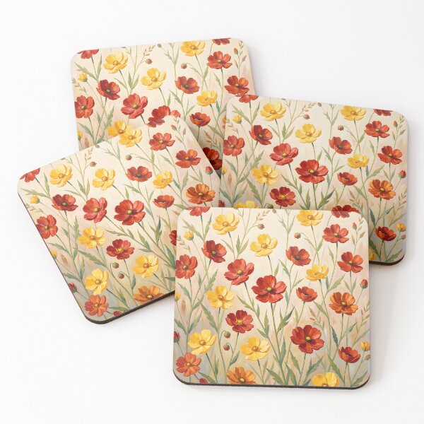 Item preview, Red and Yellow Cosmos Wildflowers Oil Painting Floral Pattern designed and sold by ZanyPaintbrush.