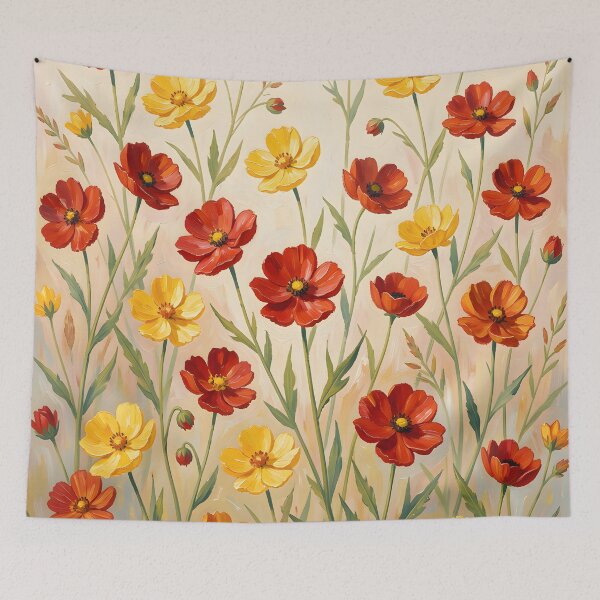 Item preview, Red and Yellow Cosmos Wildflowers Oil Painting Floral Pattern designed and sold by ZanyPaintbrush.