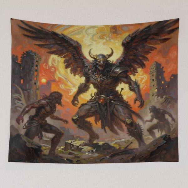 Item preview, Epic Dark‑Fantasy Scene with Winged Guardian and Fiery Ruins designed and sold by FotoworldEdel.