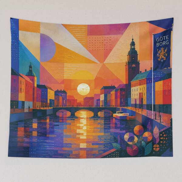 Item preview, Gothenburg by night painting, Sweden – a cubist artwork of this beautiful Scandinavian city. designed and sold by GalleryKauffeld.