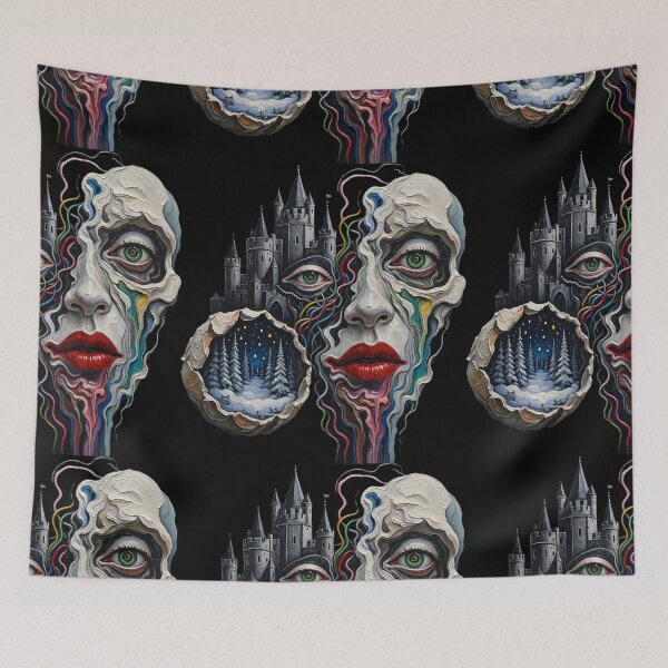 Item preview, Surreal Melting Face Gothic Castle Winter Forest Orb Impasto Art designed and sold by LujziWorld.