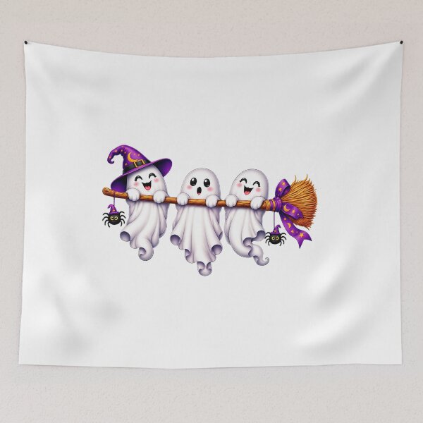 Item preview, Three Cute Ghosts Hanging On Witch Broomstick Halloween Graphic designed and sold by Derekquie.