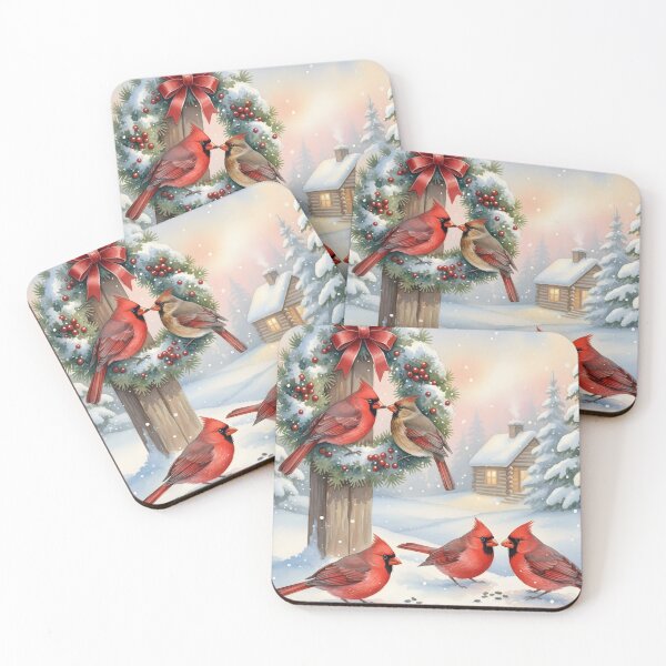 Item preview, Beautiful Watercolor Cardinals Snow Winter Wreath Cabin Design designed and sold by VibranPalette.
