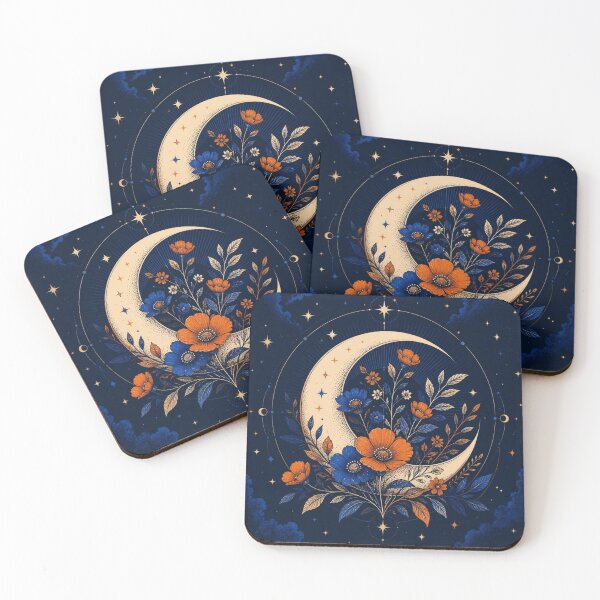 Item preview, Celestial Botanical Illustration – Midnight Navy Floral Moon & Stars Design designed and sold by Everleaf Studio.