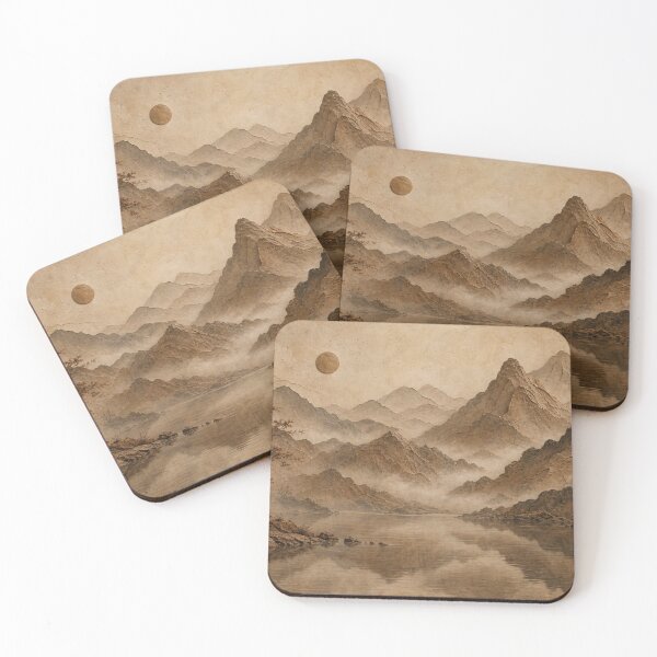Item preview, Misty Mountain Lake Landscape Textured Neutral Asian Folk Art designed and sold by ShieldRockPrints.