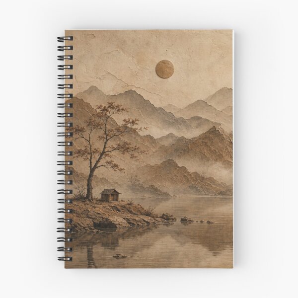 Item preview, Misty Mountain Lake Landscape Textured Neutral Asian Folk Art designed and sold by ShieldRockPrints.