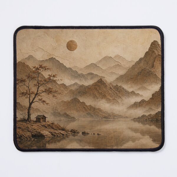 Item preview, Misty Mountain Lake Landscape Textured Neutral Asian Folk Art designed and sold by ShieldRockPrints.