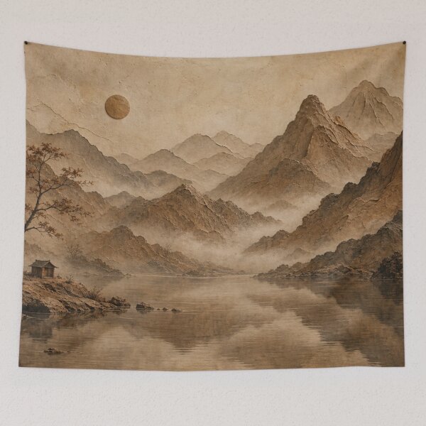 Item preview, Misty Mountain Lake Landscape Textured Neutral Asian Folk Art designed and sold by ShieldRockPrints.