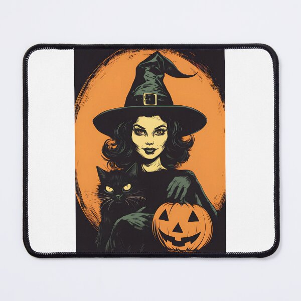 Item preview, Vintage Retro Halloween Witch with Black Cat and Jack O'Lantern Illustration designed and sold by tlcgiftcenter.