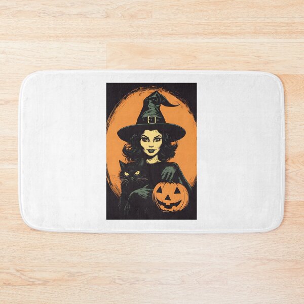Item preview, Vintage Retro Halloween Witch with Black Cat and Jack O'Lantern Illustration designed and sold by tlcgiftcenter.