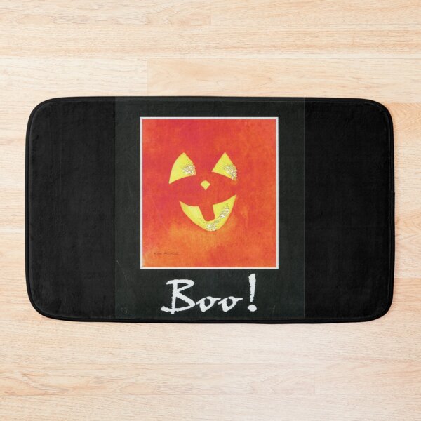 Item preview, Orange Pumpkin Face watercolor with sparkles and a black border, and the word Boo! designed and sold by aswoa.