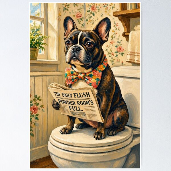 Item preview, Funny French Bulldog on Toilet Reading Newspaper Bathroom Art designed and sold by ShieldRockPrints.