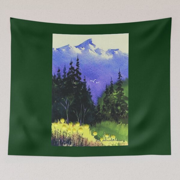 Item preview, Watercolor landscape, blue mountains, evergreens and yellow flowers. designed and sold by aswoa.