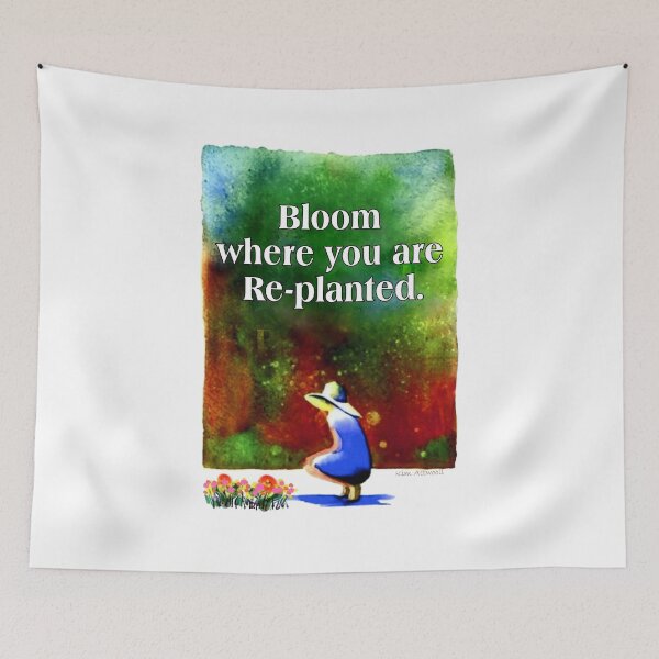 Item preview, Watercolor of a gardener with flowers and the words Bloom where you are replanted. designed and sold by aswoa.