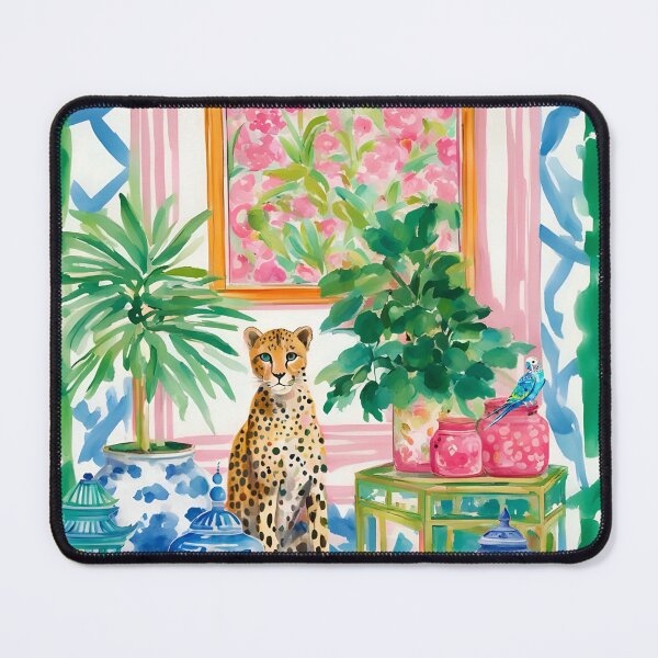 Item preview, Cheetah in pink and green chinoiserie interior designed and sold by SophieClimaArt.