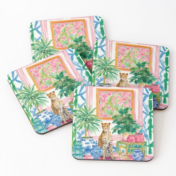 Item preview, Cheetah in pink and green chinoiserie interior designed and sold by SophieClimaArt.
