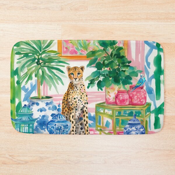 Item preview, Cheetah in pink and green chinoiserie interior designed and sold by SophieClimaArt.