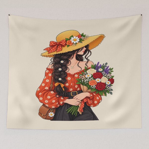 Item preview, Floral Sun Hat Woman with Flower Bouquet – Cottagecore Spring Garden Style designed and sold by waikibi ⭐⭐⭐⭐⭐.