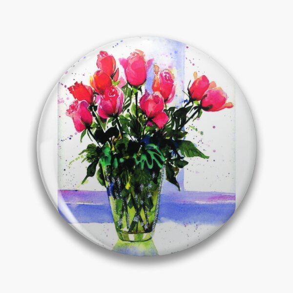 Item preview, Watercolor of a green vase of pink roses on a violet background. designed and sold by aswoa.