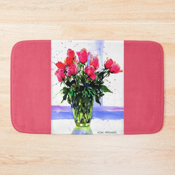 Item preview, Watercolor of a green vase of pink roses on a violet background. designed and sold by aswoa.