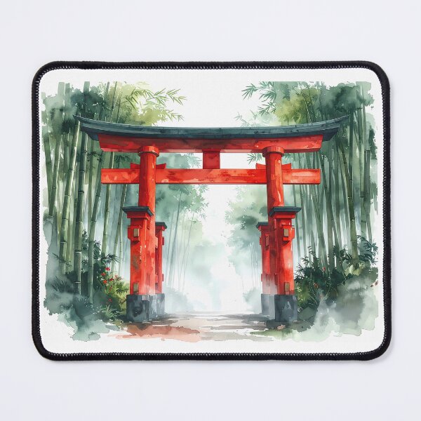 Aperçu de l'œuvre Porte Torii rouge dans la forêt de bambous brumeuse créée et vendue par BetweenForms.