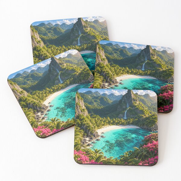 Item preview, Tropical Turquoise Lagoon Paradise Beach Waterfall Island Landscape designed and sold by IRON SIREN.