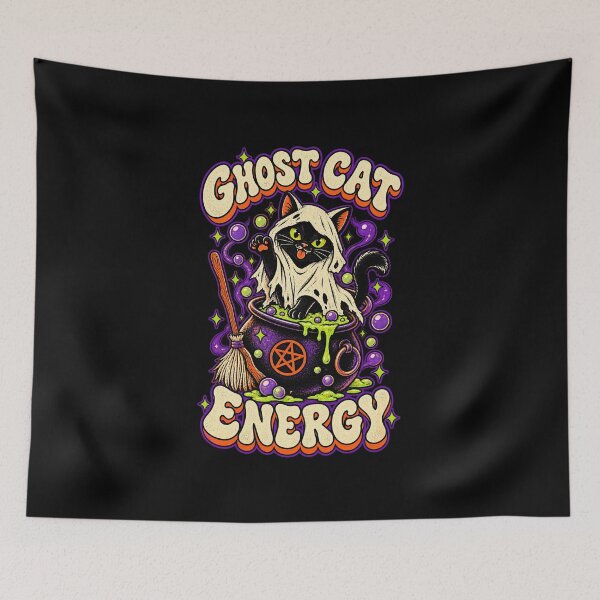 Item preview, Ghost Cat Energy - Retro Halloween Kawaii Black Cat in Cauldron designed and sold by StudioSand.