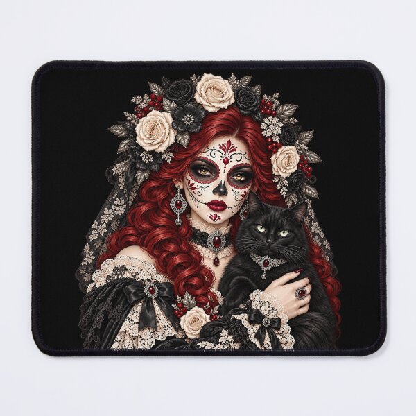 Item preview, Catrina with black cat – Gothic Día de los Muertos Familiar designed and sold by Lichtisign.