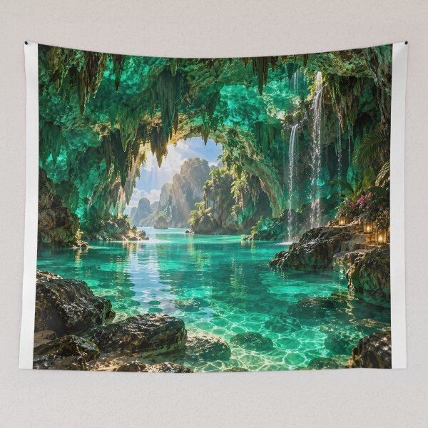 Item preview, Emerald Cave Tropical Lagoon Fantasy Paradise Waterfall Landscape designed and sold by IRON SIREN.