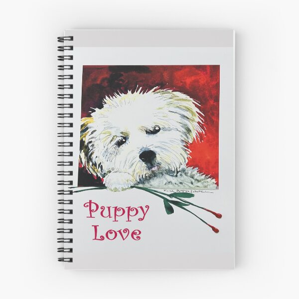 Item preview, Watercolor of a small white dog holding long stemmed roses and text “Puppy Love”. designed and sold by aswoa.