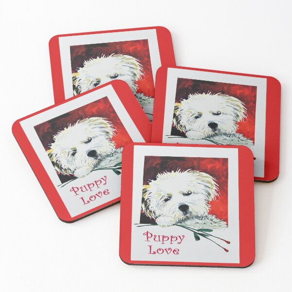 Item preview, Watercolor of a small white dog holding long stemmed roses and text “Puppy Love”. designed and sold by aswoa.