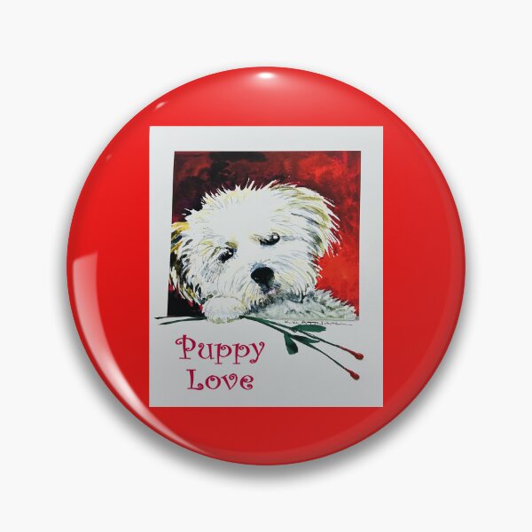 Item preview, Watercolor of a small white dog holding long stemmed roses and text “Puppy Love”. designed and sold by aswoa.