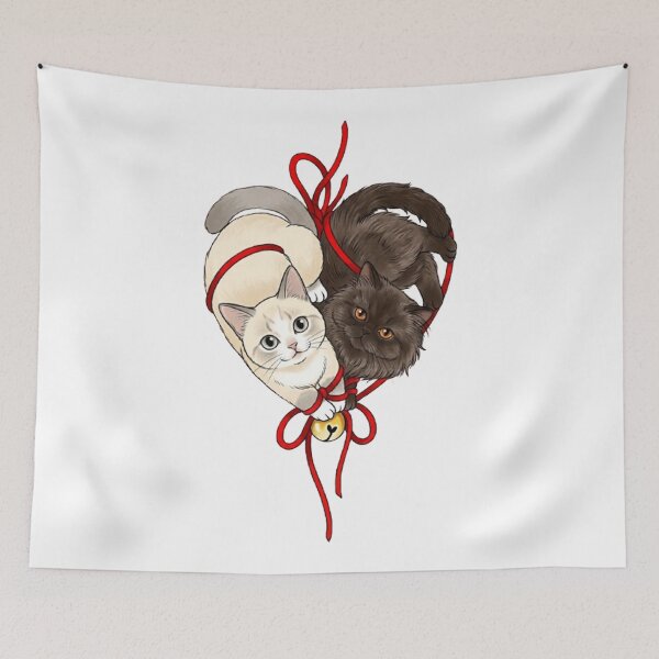 Item preview, Yin Yang Cats Tied by Red String Heart - Cute Black and White Kitten Art designed and sold by PetalsPaws.