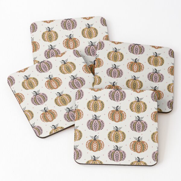 Item preview, Folk Art Halloween Fall Ornate Pumpkins in Brown Mustard and Pink designed and sold by EliveraDesigns.