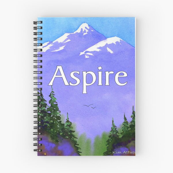 Item preview, Watercolor landscape of violet mountains, evergreens and the text Aspire. designed and sold by aswoa.