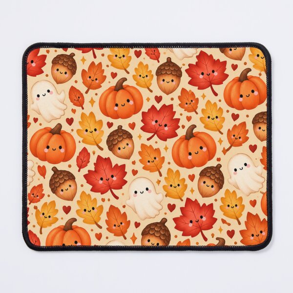 Item preview, Cute Fall Halloween Pattern – Smiling Pumpkins Ghosts Acorns & Autumn Leaves designed and sold by SnugbugStudios.
