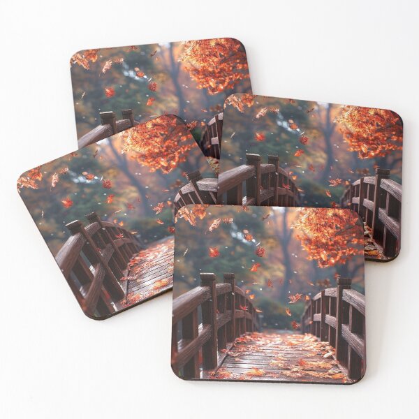 Item preview, Wooden Bridge in Autumn Park with Falling Leaves — Scenic Warm Fall Landscape designed and sold by LYAN-STORE.