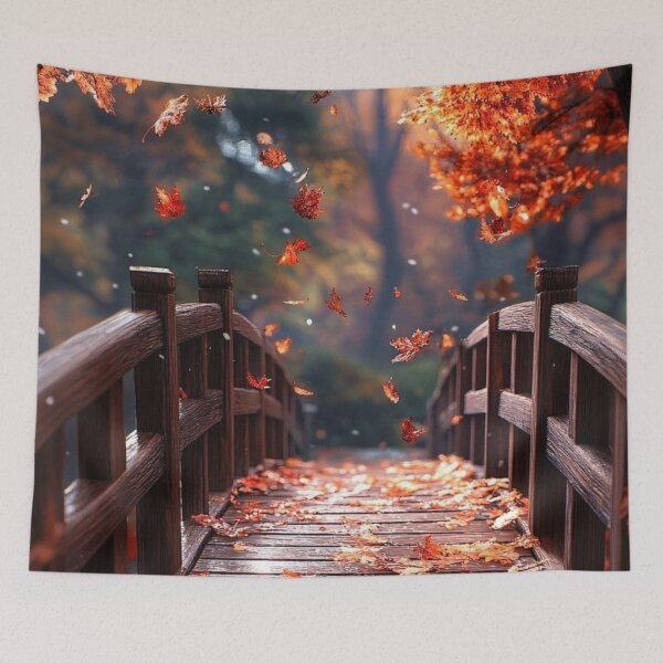 Item preview, Wooden Bridge in Autumn Park with Falling Leaves — Scenic Warm Fall Landscape designed and sold by LYAN-STORE.