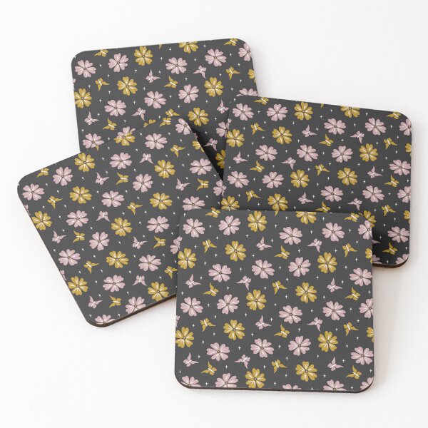 Item preview, Dark Moody Flowers and Butterflies in Pink and Golden Yellow on Black designed and sold by EliveraDesigns.